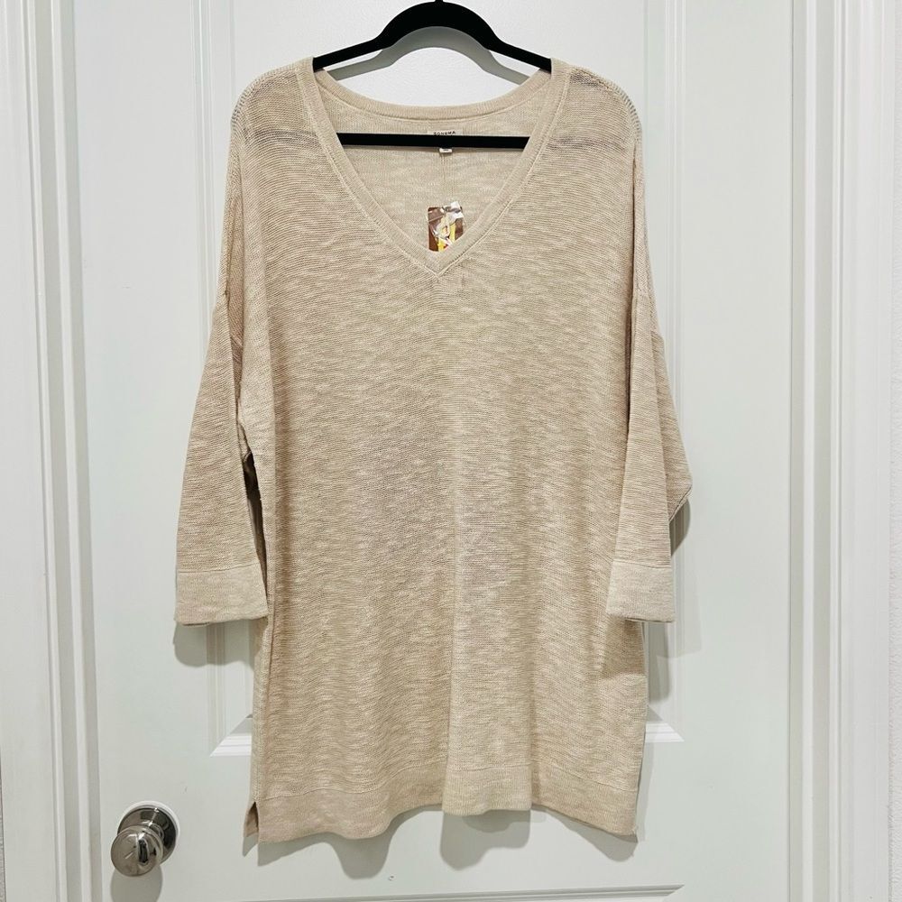 NWT Sonoma Women's 3/4 Sleeve Cotton Slub V-Neck Sweater in Oyster Size 1X